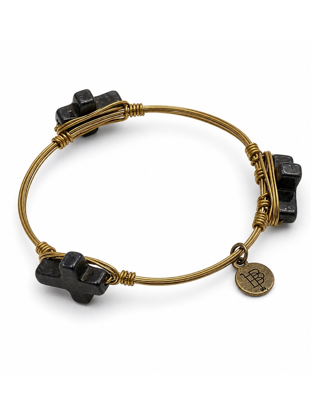 Bourbon & Bowties Gold Wire Wrap Black Cross Bangle Bracelet